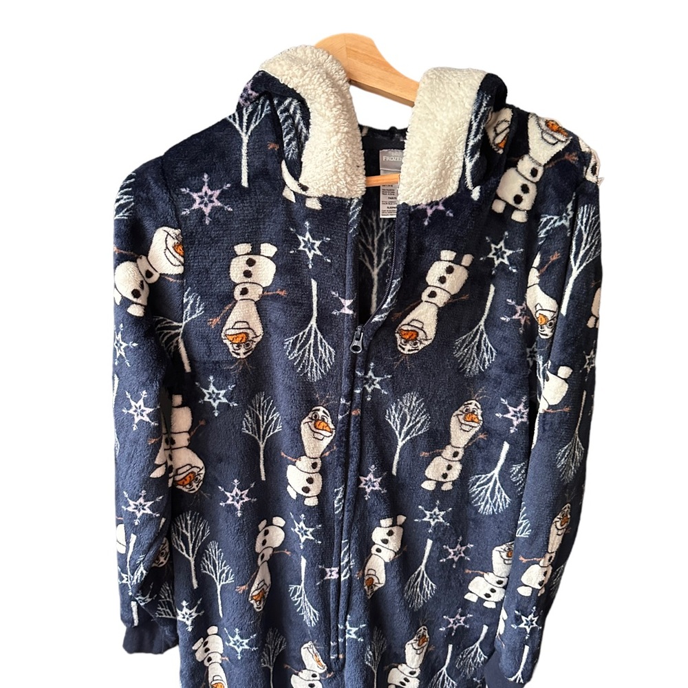 disney olaf frozen fluffly pajamas onesie zip up with hood dark blue size large